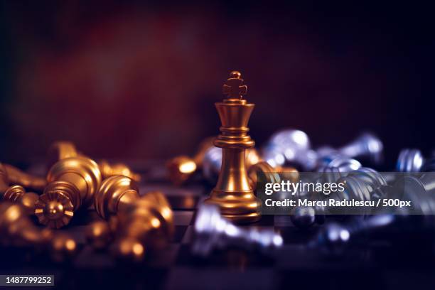 winner of chess game board,golden victory king win in successful business competition,romania - queen chess piece stock-fotos und bilder