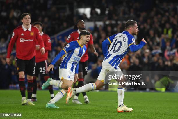 Alexis Mac Allister of Brighton & Hove Albion celebrates after scoring from the penalty spot during the Premier League match between Brighton & Hove...