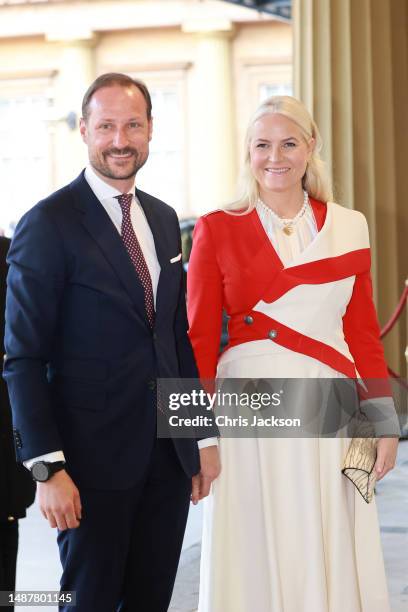 Haakon, Crown Prince of Norway and Mette-Marit, Crown Princess of Norway attends the Coronation Reception for overseas guests at Buckingham Palace on...