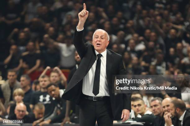 Head Coach Zeljko Obradovic of Partizan Mozzart Bet Belgrade reacts during the 2022/2023 Turkish Airlines EuroLeague Play Offs Game 4 match between...