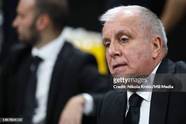 Head Coach Zeljko Obradovic of Partizan Mozzart Bet Belgrade reacts during the 2022/2023 Turkish Airlines EuroLeague Play Offs Game 4 match between...