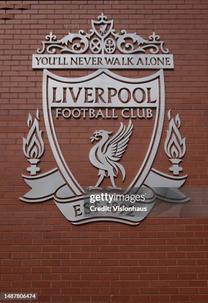The Liverpool FC badge at Anfield on May 5, 2023 in Liverpool, United Kingdom.