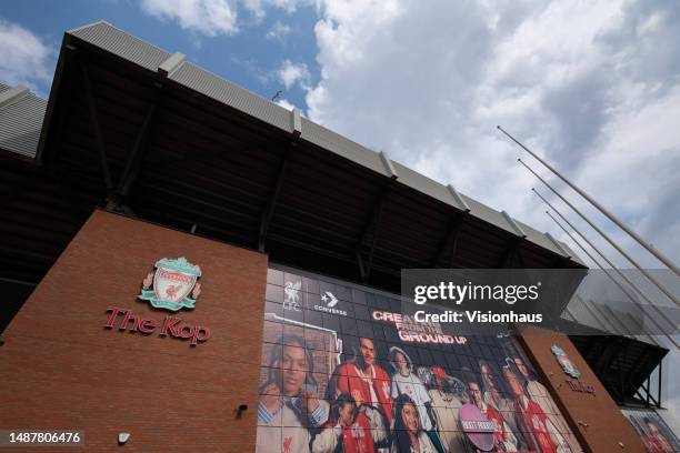 General view of Anfield Stadium, home of Liverpool FC, on May 5, 2023 in Liverpool, United Kingdom.