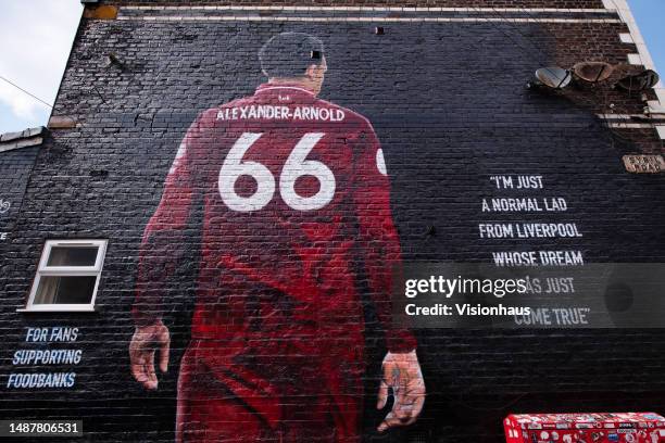 Mural of Trent Alexander-Arnold of Liverpool at Anfield on May 5, 2023 in Liverpool, United Kingdom.