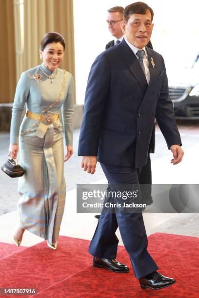 Queen Suthida and King Vajiralongkorn of Thailand attend the Coronation Reception for overseas guests at Buckingham Palace on May 05, 2023 in London,...