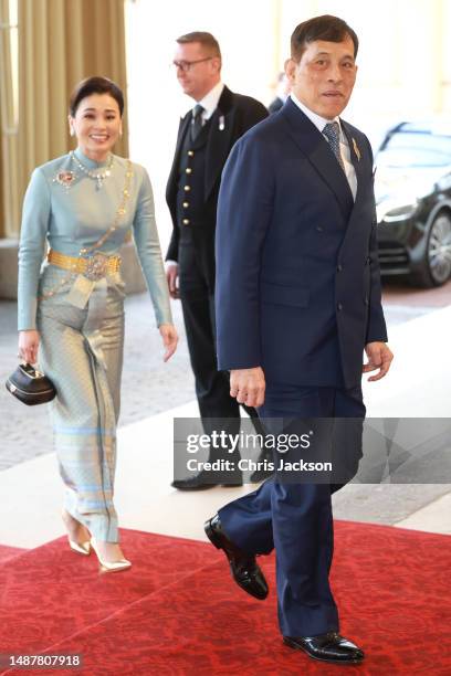 Queen Suthida and King Vajiralongkorn of Thailand attend the Coronation Reception for overseas guests at Buckingham Palace on May 05, 2023 in London,...