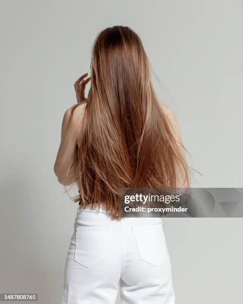 long hair from behind - woman long brown hair stock pictures, royalty-free photos & images