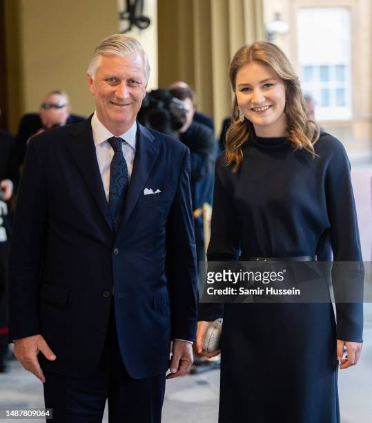 King Philippe of Belgium and Princess Elisabeth, Duchess of Brabant attend the Coronation Reception For Overseas Guests at Buckingham Palace on May...