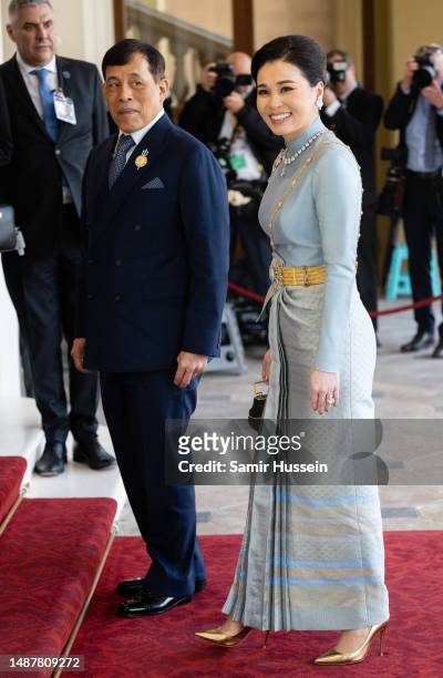 Queen Suthida and King Vajiralongkorn of Thailand attend the Coronation Reception For Overseas Guests at Buckingham Palace on May 05, 2023 in London,...