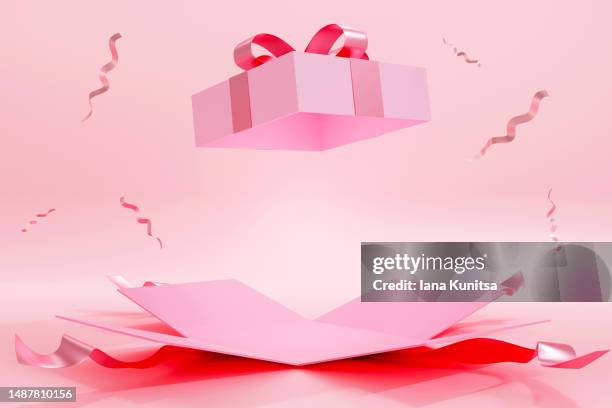 open gift box and festive confetti on pink background. 3d pattern, template, place for showing product. happy anniversary, happy birthday, happy valentine's day, merry christmas, wedding present. - birthday present photos et images de collection