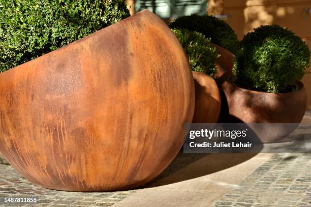 spherical planters at the mairie, frejus (3). - paved back yard stock pictures, royalty-free photos & images