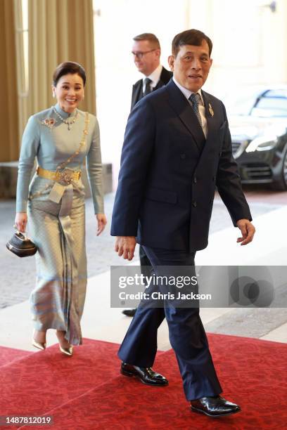 Queen Suthida and King Vajiralongkorn of Thailand attend the Coronation Reception for overseas guests at Buckingham Palace on May 05, 2023 in London,...