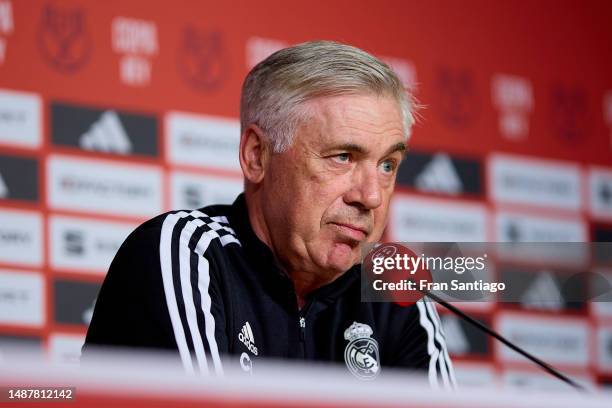 Carlo Ancelotti, manager of Real Madrid attends the Press conference at Estadio de La Cartuja on May 05, 2023 in Seville, Spain. Real Madrid will...