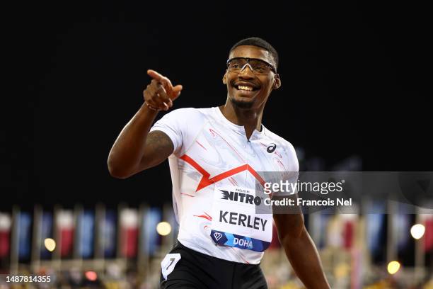 Fred Kerley of United States celebrates after winning the Men's 200 Metres final during the Diamond League 2023 meeting at Khalifa International...