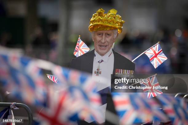 Cardboard cutout of King Charles on The Mall ahead of tomorrow's royal coronation, on May 5, 2023 in London, England. The Coronation of King Charles...