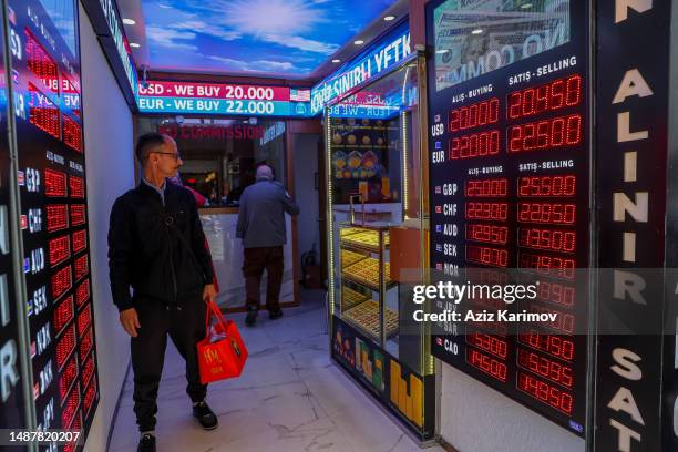 An electronic board displays exchange rates information at a currency exchange bureau on Istiklal street in Istanbul on May 4, 2023 in Istanbul,...