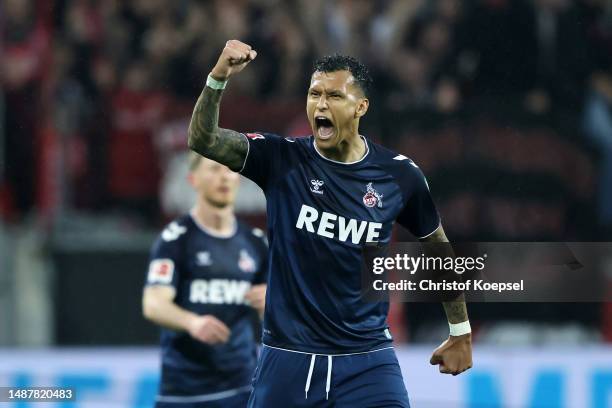 Davie Selke of 1.FC Koeln celebrates after scoring the team's first goal during the Bundesliga match between Bayer 04 Leverkusen and 1. FC Köln at...