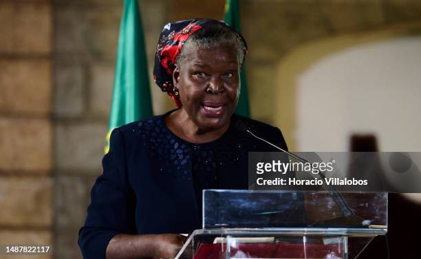 Mozambican author of novels and short stories in the Portuguese language Paulina Chiziane delivers closing remarks during the ceremony in which she...