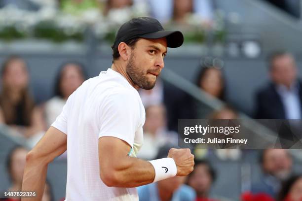 Aslan Karatsev celebrates a point against Jan-Lennard Struff of Germany during the Men's Singles Semi-Final match on Day Twelve of the Mutua Madrid...