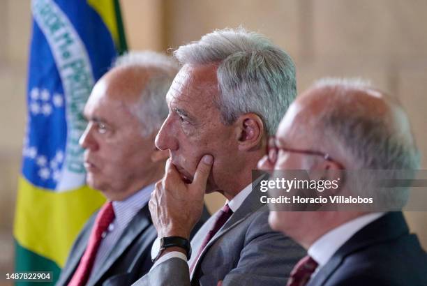 Brazilian Ambassador Raimundo Carreiro, Portuguese Foreign Minister João Gomes Cravinho and the president of the jury Carlos Mendes de Sousa sit...