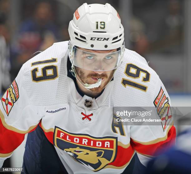 Matthew Tkachuk of the Florida Panthers waits for a faceoff against the Toronto Maple Leafs during Game Two of the Second Round of the 2023 Stanley...
