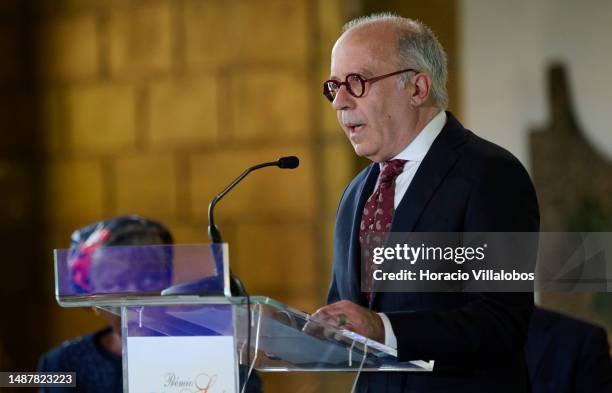 Camões Prize president of the jury Carlos Mendes de Sousa delivers opening remarks onstage during the ceremony in which Mozambican Paulina Chiziane,...