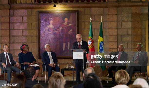 Portuguese Minister of Culture Pedro Adão e Silva, Mozambican writer Paulina Chiziane, Portuguese Prime Minister Antonio Costa, the president of the...