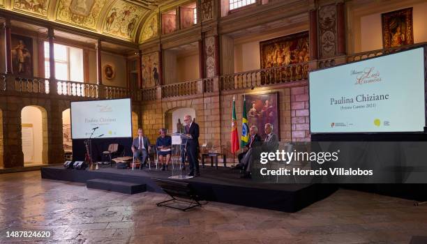 Portuguese Minister of Culture Pedro Adão e Silva, Mozambican writer Paulina Chiziane, Portuguese Prime Minister Antonio Costa, the president of the...