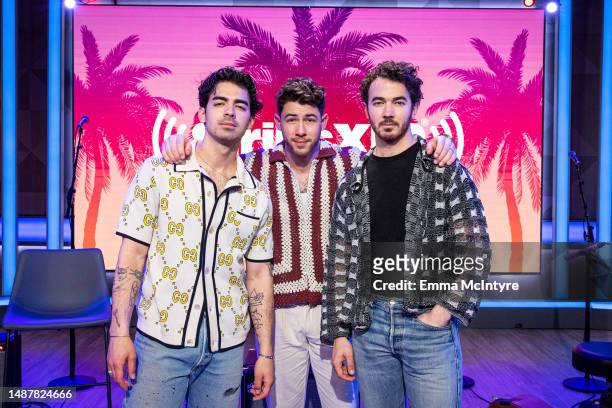 Joe Jonas, Nick Jonas and Kevin Jonas of the Jonas Brothers attend SiriusXM Hits 1 Celebrity Session at SiriusXM Studios on May 05, 2023 in Miami...