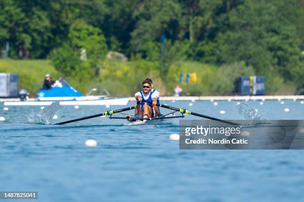Milos Vasic and Martin Mackovic of Serbia compete in the Men's Pair heats during Day 1 of the 2023 World Rowing Cup I on Lake Jarun on May 05, 2023...