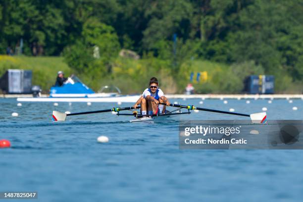 Milos Vasic and Martin Mackovic of Serbia compete in the Men's Pair heats during Day 1 of the 2023 World Rowing Cup I on Lake Jarun on May 05, 2023...