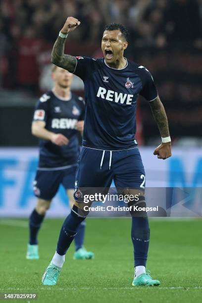 Davie Selke of 1.FC Koeln celebrates after scoring the team's first goal during the Bundesliga match between Bayer 04 Leverkusen and 1. FC Köln at...