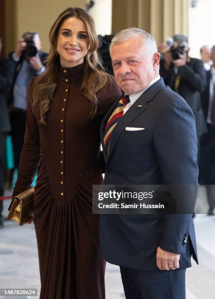 Queen Rania of Jordan and Abdullah II of Jordan attend the Coronation Reception For Overseas Guests at Buckingham Palace on May 05, 2023 in London,...