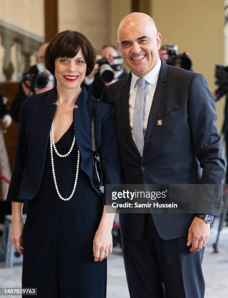 President of the Swiss Confederation, Alain Berset and Muriel Zeender Berset attend the Coronation Reception for overseas guests at Buckingham Palace...
