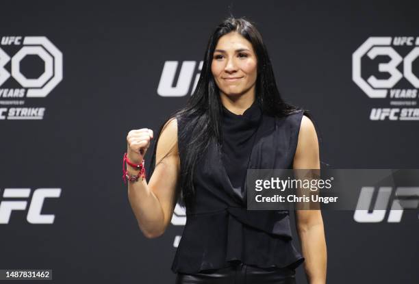 Title challenger Irene Aldana is seen on stage during the UFC 289 press conference at Prudential Center on May 05, 2023 in Newark, New Jersey.