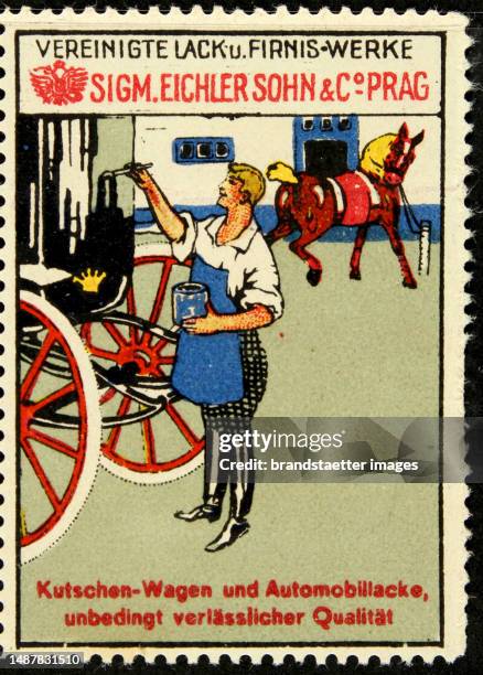 Poster stamp 'Vereinigte Lack- und Firnis-Werke Sigm. Eichler Sohn & Co Prague, carriage and automobile coatings, ', circa 1910. Color lithograph