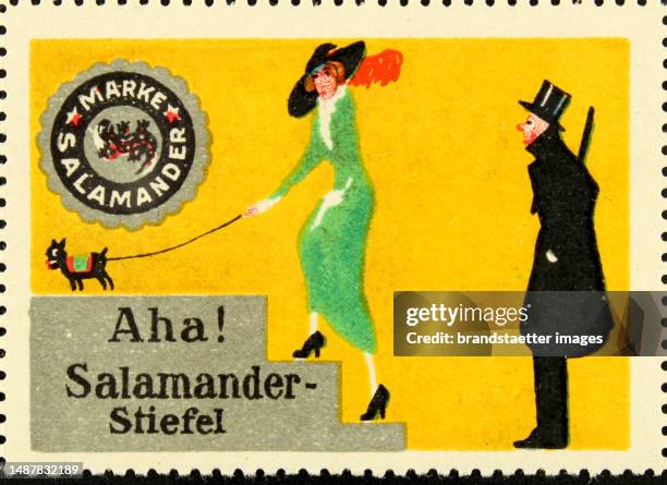 Poster stamp 'Aha! Salamander Boots, Salamander Brand ', circa 1910. Color lithograph