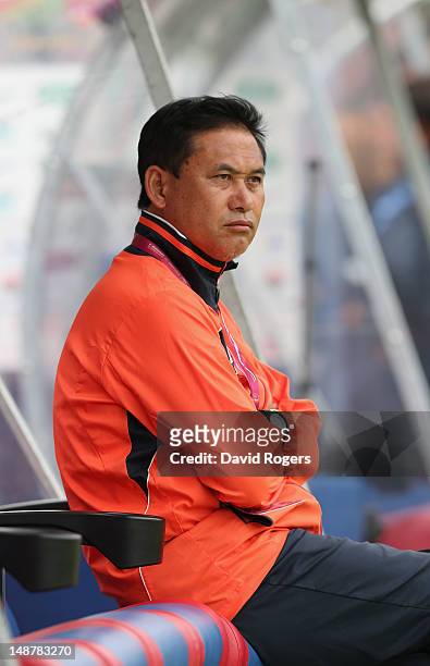 Norio Sasaki, the Japan manager looks on during the friendly international match between Japan Women and France Women at Stade Charlety on July 19,...