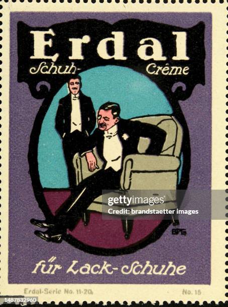 Poster stamp 'Erdal shoe cream for patent leather shoes, Series no. 11-20 no. 15 '[ Two gentlemen in tails ], circa 1910. Color lithograph by ESPG.