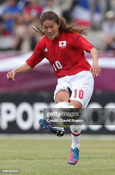 Homare Sawa of Japan passes the ball during the friendly international match between Japan Women and France Women at Stade Charlety on July 19, 2012...