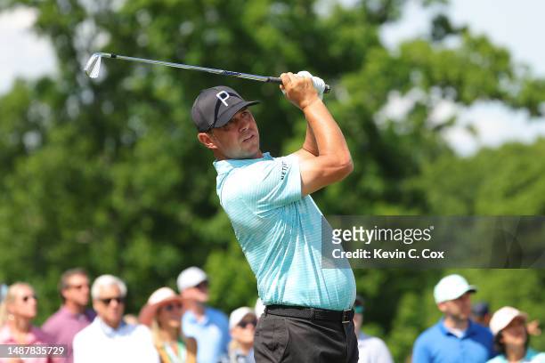 Gary Woodland of the United States plays his shot from the 17th tee during the second round of the Wells Fargo Championship at Quail Hollow Country...