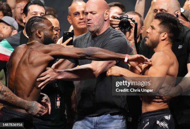 Opponents Aljamain Sterling and Henry Cejudo face off during the UFC 288 ceremonial weigh-in at Prudential Center on May 05, 2023 in Newark, New...