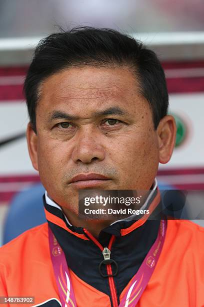 Norio Sasaki, the Japan manager looks on during the friendly international match between Japan Women and France Women at Stade Charlety on July 19,...