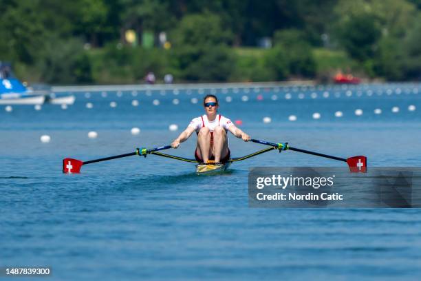 Pascale Walker of Switzerland competes in the Women's Single Sculls heats during Day 1 of the 2023 World Rowing Cup I on Lake Jarun on May 05, 2023...