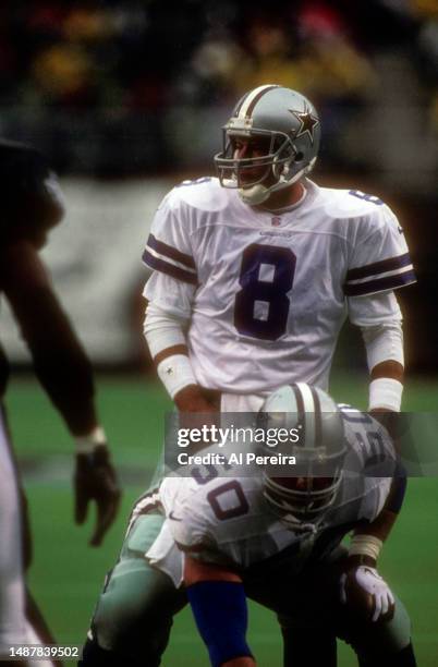 Quarterback Troy Aikman of the Dallas Cowboys calls a play in the game between the Dallas Cowboys vs the Philadelphia Eagles on October 26, 1997 at...