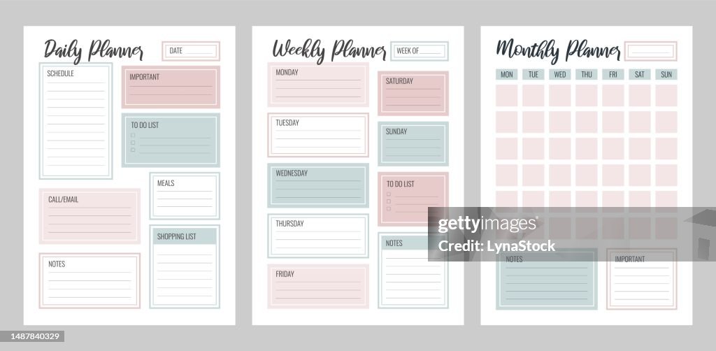 Conjunto de modelo vetorial imprimível do planejador mensal diário semanal. Organizador em branco página A4, A5. Coleta de páginas de cronograma de negócios para um planejamento eficaz. Caderno pessoal. Folha de papel.