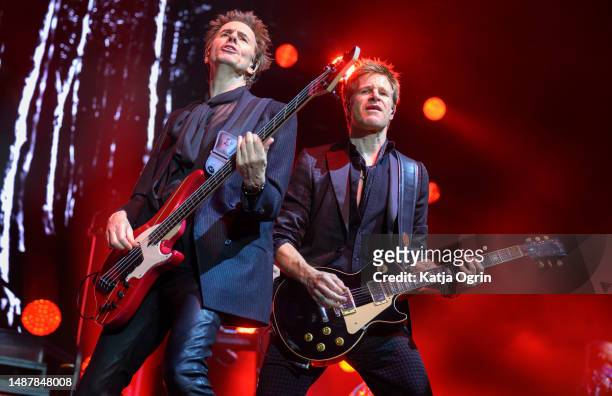 John Taylor and Dominic Brown of Duran Duran perform on stage during the Future Past tour at Utilita Arena Birmingham on May 5, 2023 in Birmingham,...