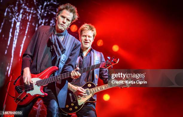 John Taylor and Dominic Brown of Duran Duran perform on stage during the Future Past tour at Utilita Arena Birmingham on May 5, 2023 in Birmingham,...