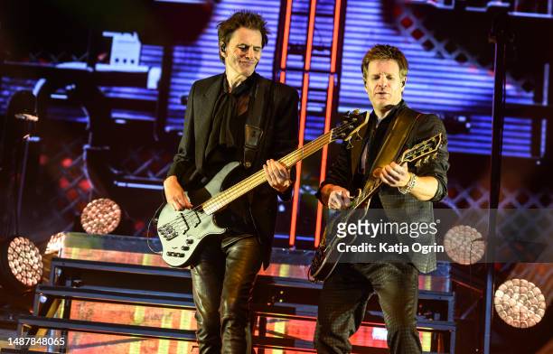 John Taylor and Dominic Brown of Duran Duran perform on stage during the Future Past tour at Utilita Arena Birmingham on May 5, 2023 in Birmingham,...