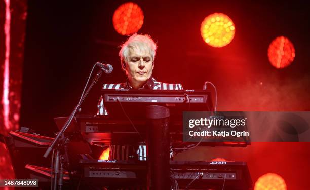 Nick Rhodes of Duran Duran performs on stage during the Future Past tour at Utilita Arena Birmingham on May 5, 2023 in Birmingham, England.